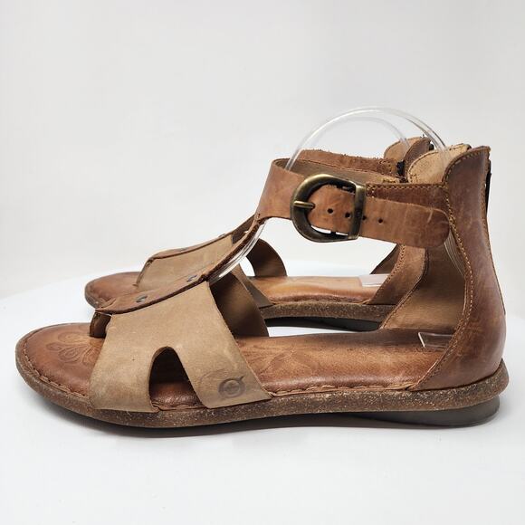 Born Timina T-strap Gladiator sandals Women 10 Tan & Natural Leather Heel Zip - Picture 5 of 13